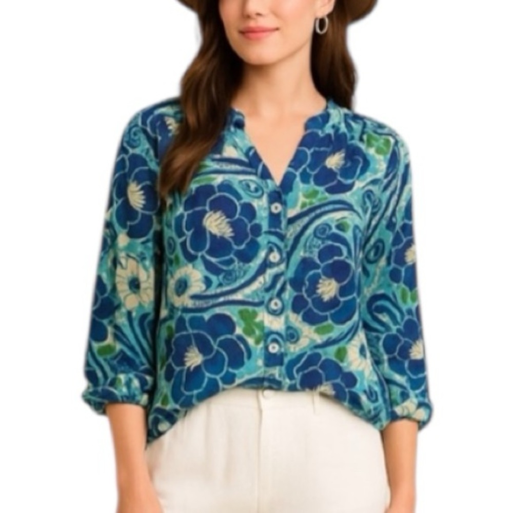 Nicole Miller‎ Blouse L Crinkle Rayon Boho Floral Peasant Blue Green Gauzy
